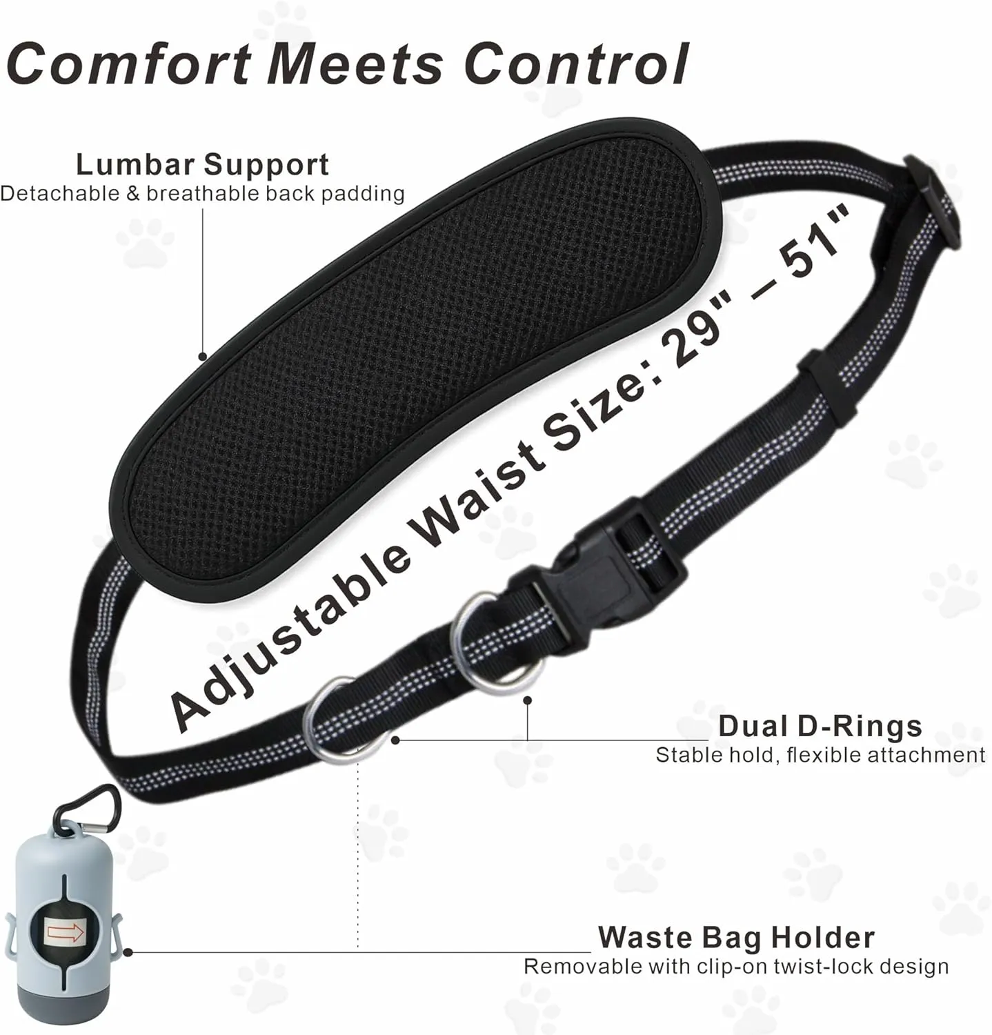 Hands-Free Dog Leash for Dogs up to 130 lbs  Shock-Absorbing Bungee, Padded Handles, Adjustable Waist Belt,Support Pad & Zipper Pouch  with Bag Dispenser  Running, Jogging, Walking, Cool Gray