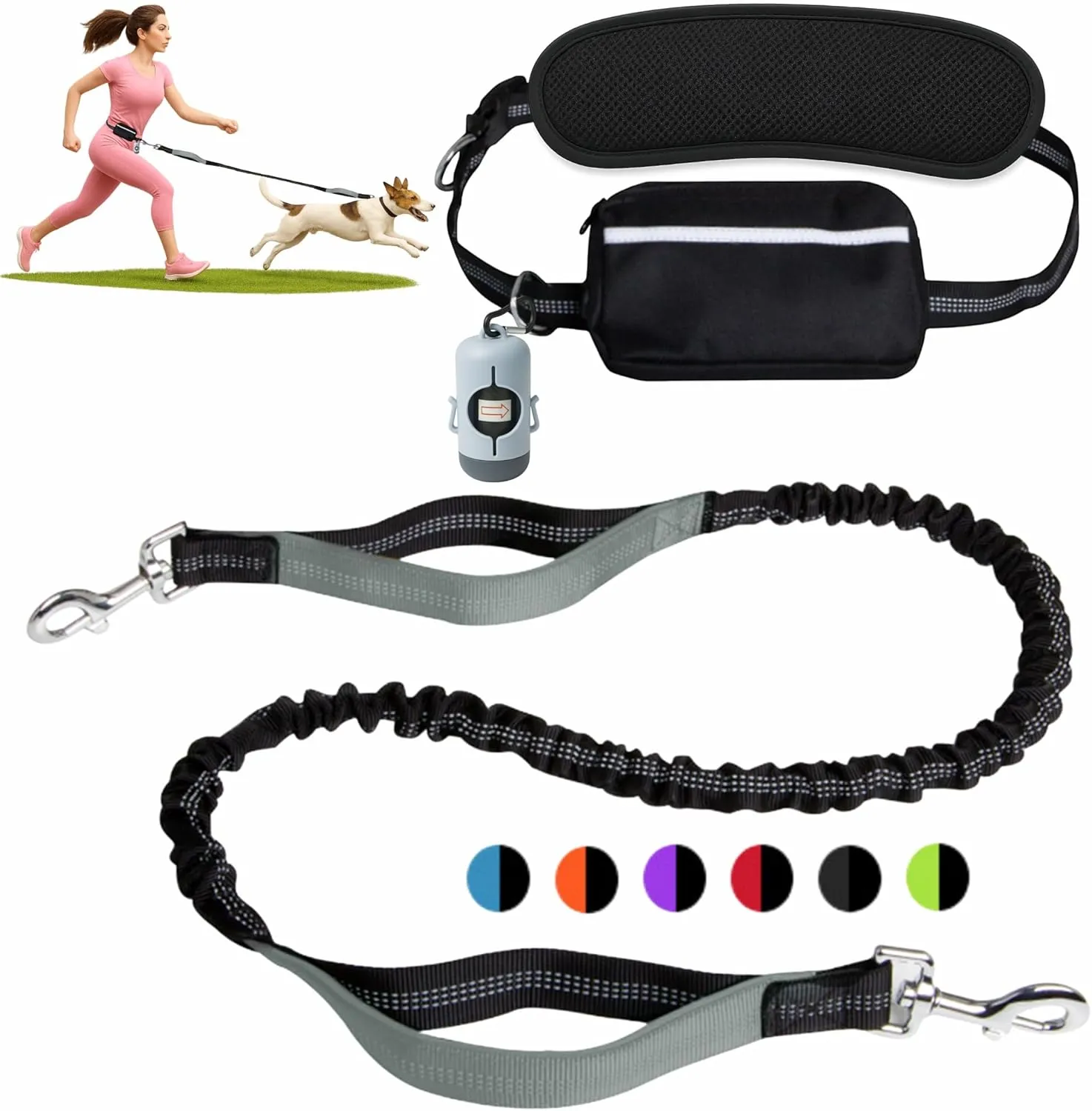 Hands-Free Dog Leash for Dogs up to 130 lbs  Shock-Absorbing Bungee, Padded Handles, Adjustable Waist Belt,Support Pad & Zipper Pouch  with Bag Dispenser  Running, Jogging, Walking, Cool Gray