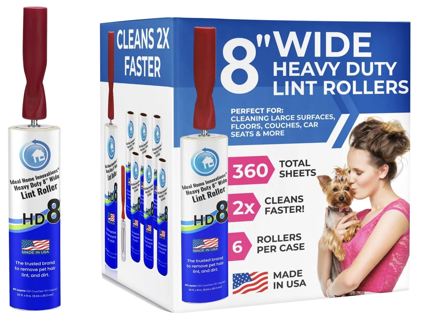 Heavy Duty 8 Wide Lint Roller - Extra Sticky Pet Hair Remover for Clothes, Carpet, Furniture & Car - Dog/Cat Hair Lint Remover - 6 Rolls, 360 Sheets - Easy Peel, Made in USA