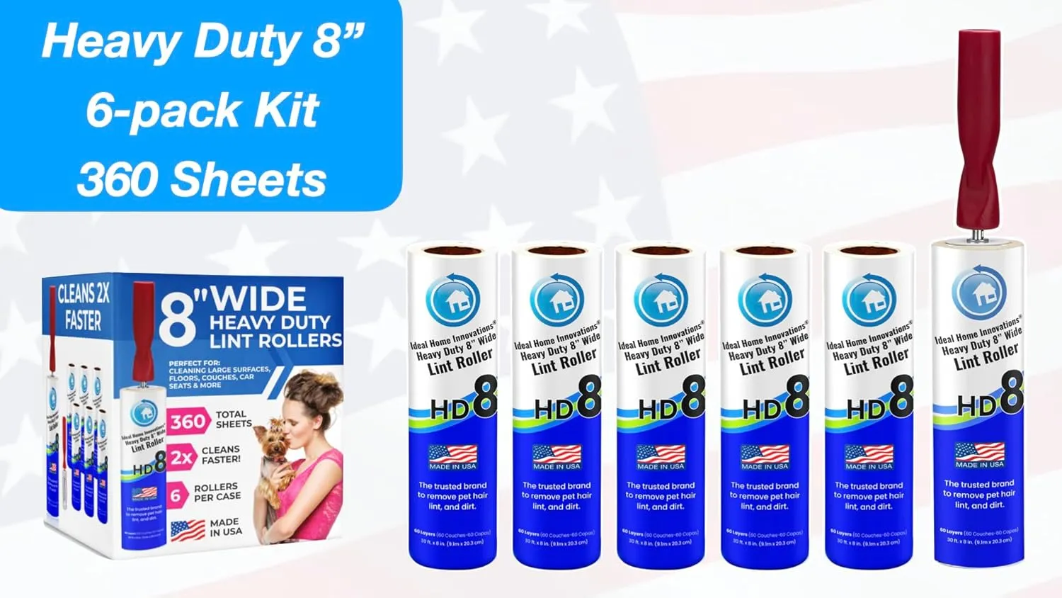Heavy Duty 8 Wide Lint Roller - Extra Sticky Pet Hair Remover for Clothes, Carpet, Furniture & Car - Dog/Cat Hair Lint Remover - 6 Rolls, 360 Sheets - Easy Peel, Made in USA