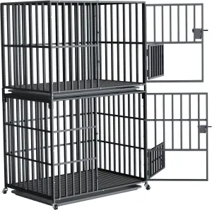 Heavy Duty Dog Crate Stackable: 42Indestructible Escape Proof Double Dog Cages by Chew Proof Metal Tube - Huge Doggie Training Play Pen with Feeding Door and Higher Inner Space Easy to Clean