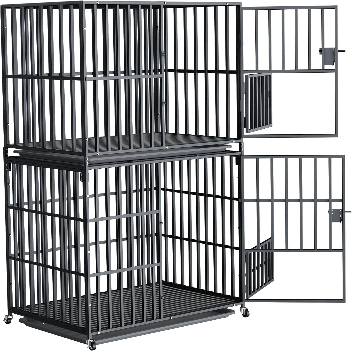 Heavy Duty Dog Crate Stackable: 42Indestructible Escape Proof Double Dog Cages by Chew Proof Metal Tube - Huge Doggie Training Play Pen with Feeding Door and Higher Inner Space Easy to Clean