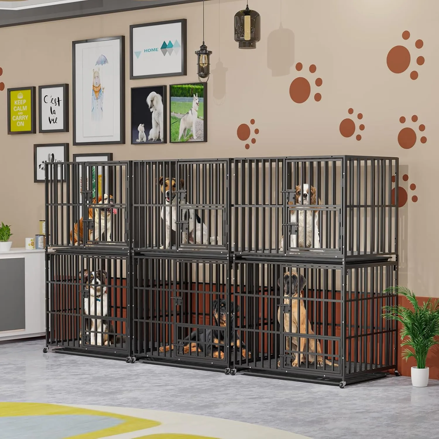 Heavy Duty Dog Crate Stackable: 42Indestructible Escape Proof Double Dog Cages by Chew Proof Metal Tube - Huge Doggie Training Play Pen with Feeding Door and Higher Inner Space Easy to Clean
