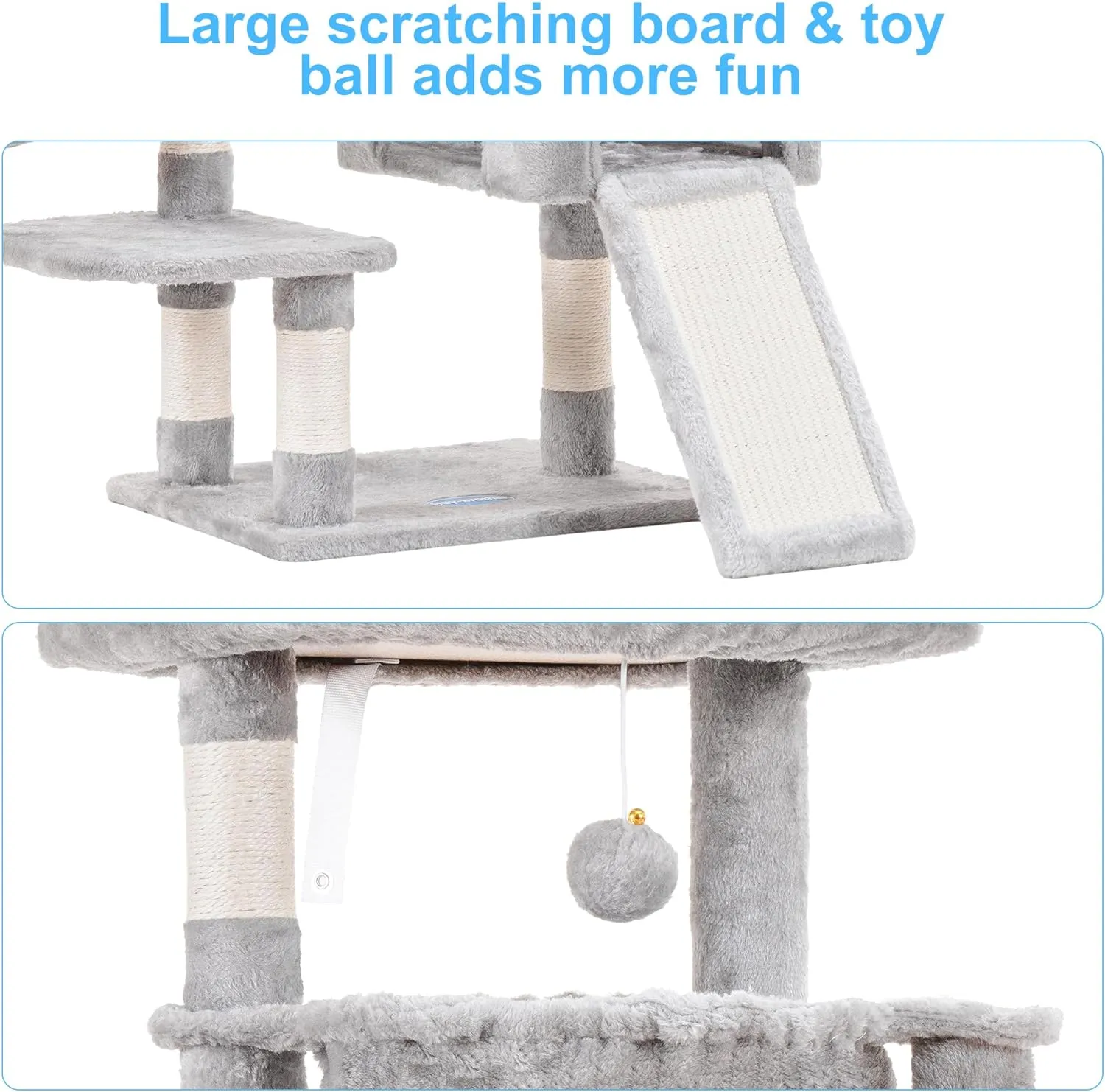 Hey-brother Cat Tree, Cat Tower for Indoor Cats, Cat House with Large Padded Bed, Cozy Condo, Hammocks, Sisal Scratching Posts, Big Scratcher, Light Gray MPJ006SW