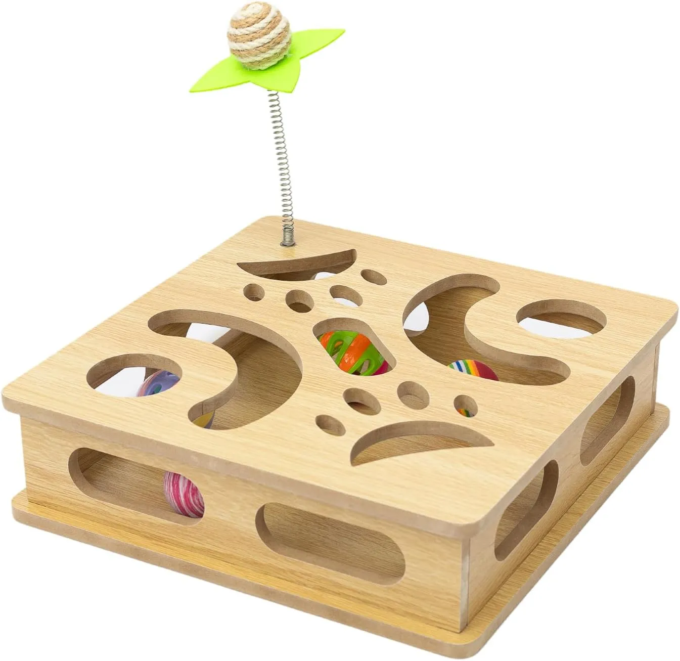 Interactive Wooden Cat Puzzle Toy Box,Indoor Hunting Play Toy to Stimulate Your Cats Energy and Instincts(Burlywood)