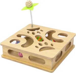 Interactive Wooden Cat Puzzle Toy Box,Indoor Hunting Play Toy to Stimulate Your Cats Energy and Instincts(Burlywood)