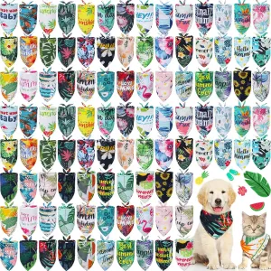Kacctyen 100 Pcs Dog Bandanas for Summer Bulk Hawaiian Floral Pet Scarf Bibs Adjustable Washable Kerchief Seasonal Pet Costume Accessories Grooming Supplies for Small to Large Cats Dogs