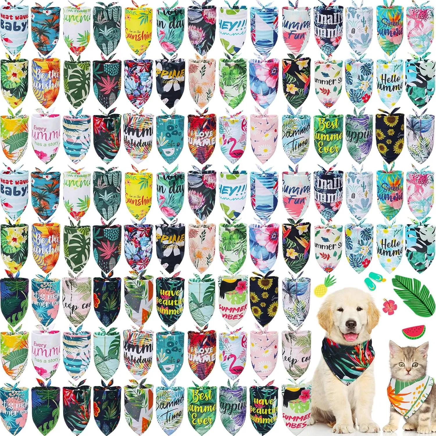 Kacctyen 100 Pcs Dog Bandanas for Summer Bulk Hawaiian Floral Pet Scarf Bibs Adjustable Washable Kerchief Seasonal Pet Costume Accessories Grooming Supplies for Small to Large Cats Dogs