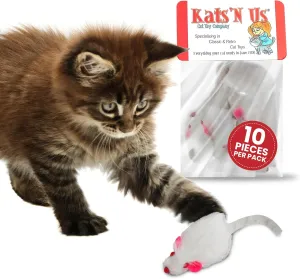 Kats'N Us Real Rabbit Fur White Mouse Cat Toy - Rattle Sound - - Interactive Cat Toys, Real Fur Mice -10 Pack White