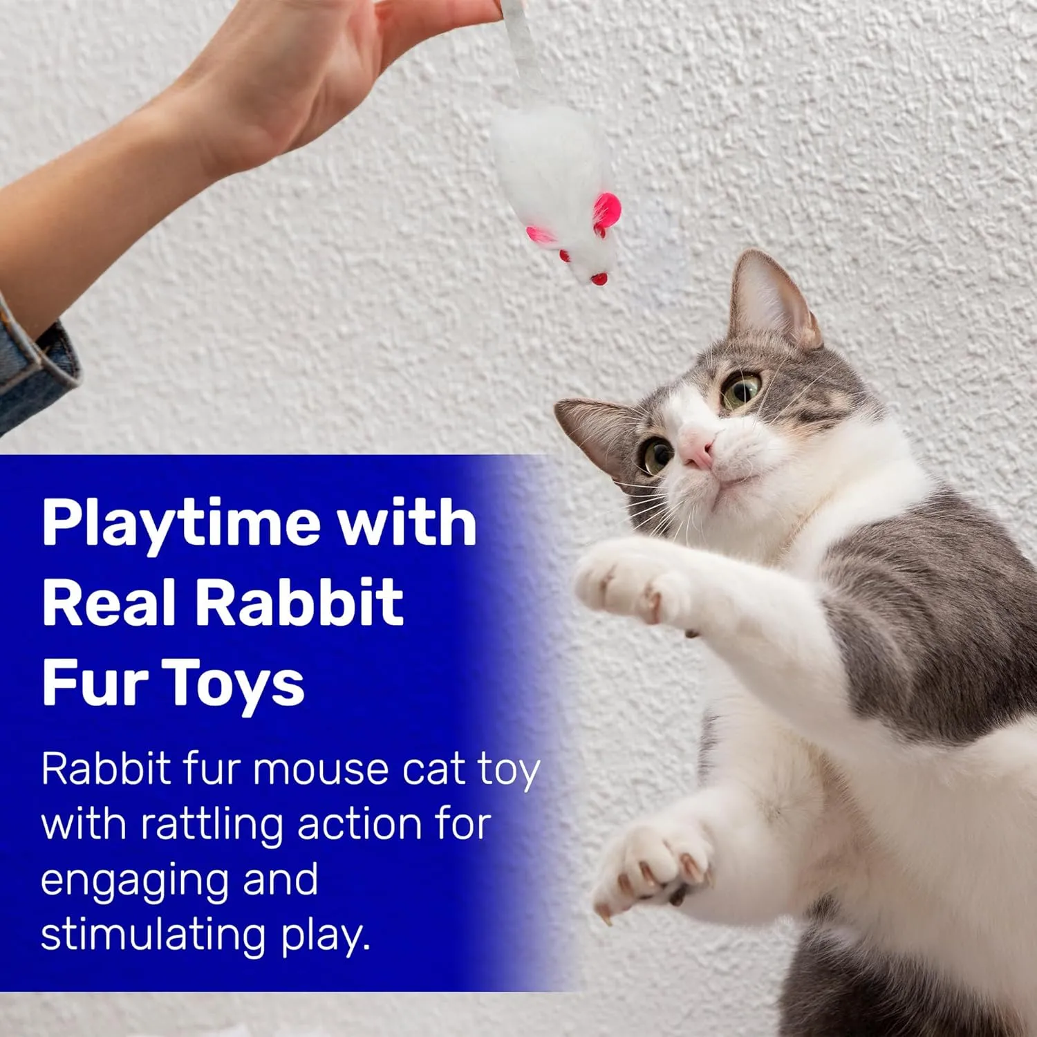 Kats'N Us Real Rabbit Fur White Mouse Cat Toy - Rattle Sound - - Interactive Cat Toys, Real Fur Mice -10 Pack White