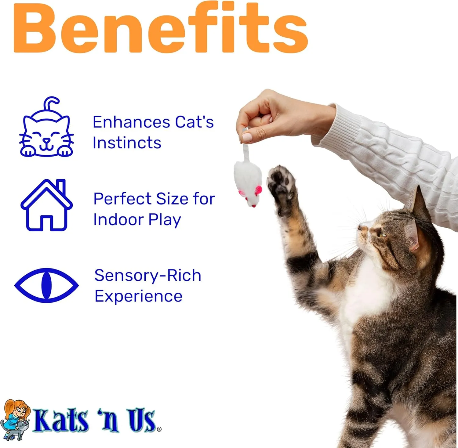Kats'N Us Real Rabbit Fur White Mouse Cat Toy - Rattle Sound - - Interactive Cat Toys, Real Fur Mice -10 Pack White