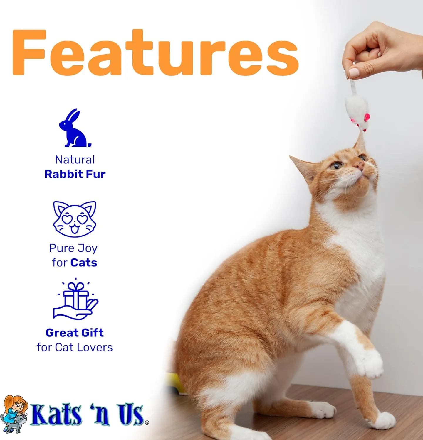 Kats'N Us Real Rabbit Fur White Mouse Cat Toy - Rattle Sound - - Interactive Cat Toys, Real Fur Mice -10 Pack White