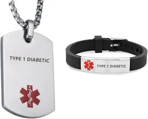 LF Stainless Steel Type 1 Diabetic Medical Alert Dog Tag ID Pendant Caduceus necklace Set Adjustable Silicone Rubber Chain Medical ID Health Alert Monitoring Systems Jewelry Sets for Men Women