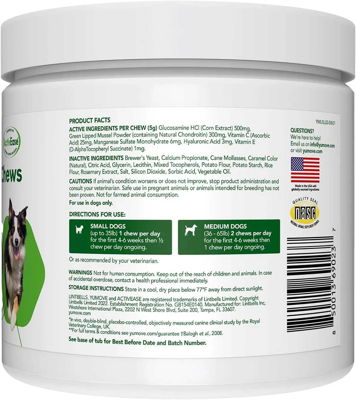 Lintbells YuMOVE Joint Supplement Dog Chews - Contains Glucosamine, Green Lipped Mussel - Natural Relief from Hip Ache, Stiff Joints - 1 Months Supply (Small & Medium)