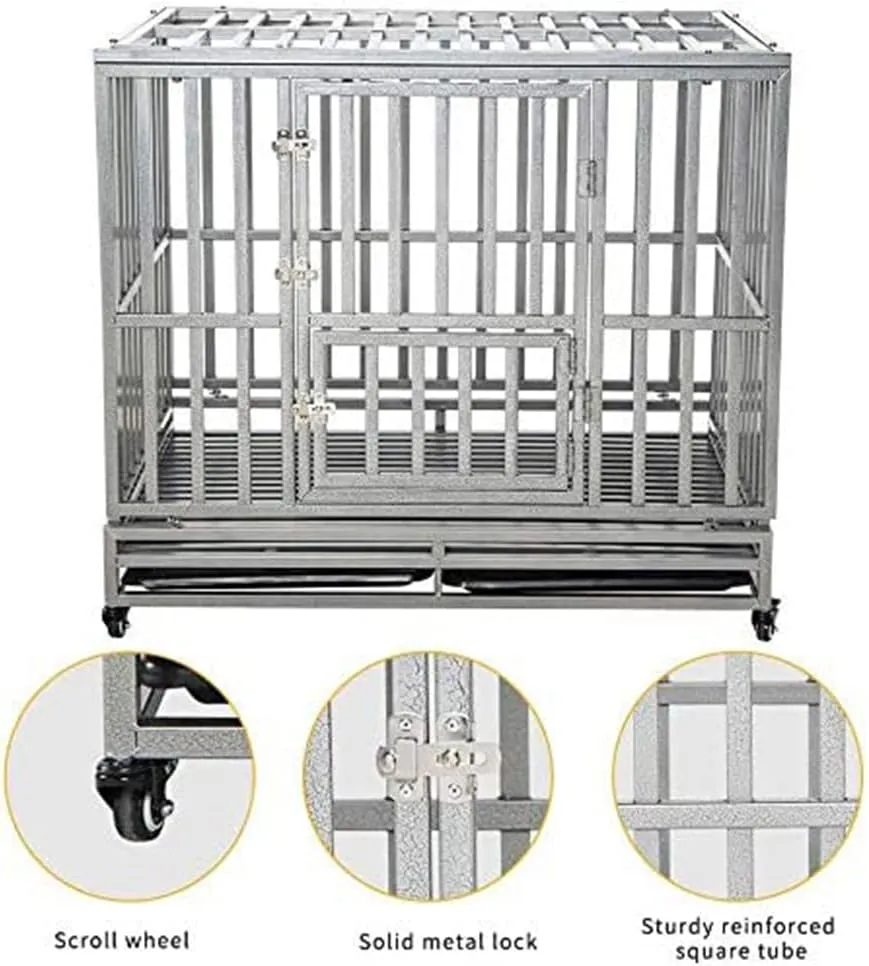 LUCKUP 42" Heavy Duty Dog Cage Metal Kennel and Crate for Medium and Large Dogs Pet Playpen with Four Lockable Casters Indoor Silver