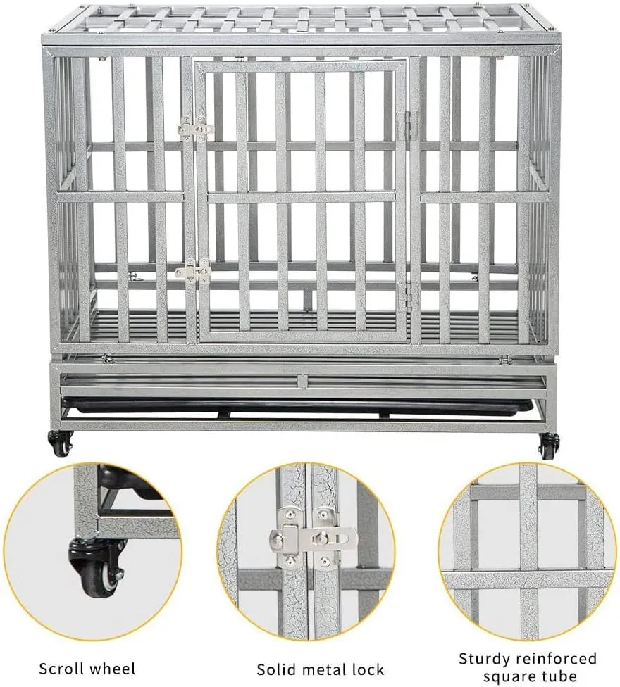 LUCKUP Heavy Duty Dog Cage Metal Kennel and Crate for Medium and Large Dogs, Pet Playpen with Four Wheels,Easy to Install,38 inch,Silver 