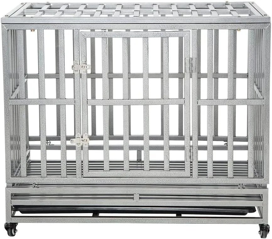 LUCKUP Heavy Duty Dog Cage Metal Kennel and Crate for Medium and Large Dogs, Pet Playpen with Four Wheels,Easy to Install,38 inch,Silver 