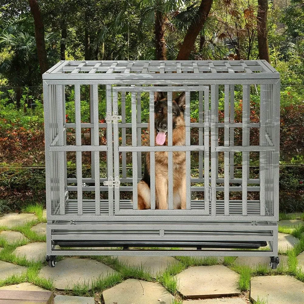 LUCKUP Heavy Duty Dog Cage Metal Kennel and Crate for Medium and Large Dogs, Pet Playpen with Four Wheels,Easy to Install,38 inch,Silver 