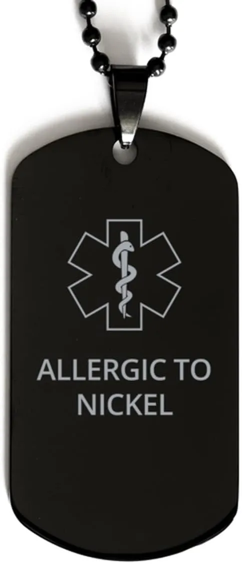 Medical Alert Black Dog Tag, Allergic to Nickel Awareness, SOS Emergency Health Life Alert ID Engraved Stainless Steel Chain Necklace For Men Women Kids