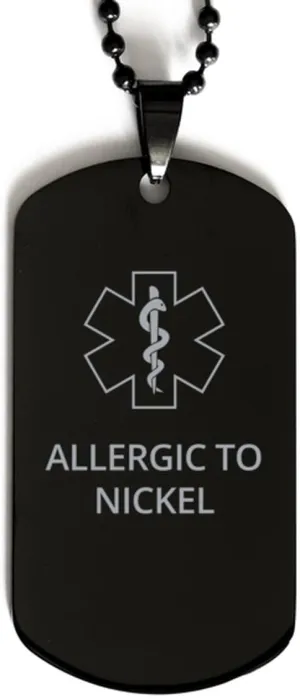 Medical Alert Black Dog Tag, Allergic to Nickel Awareness, SOS Emergency Health Life Alert ID Engraved Stainless Steel Chain Necklace For Men Women Kids