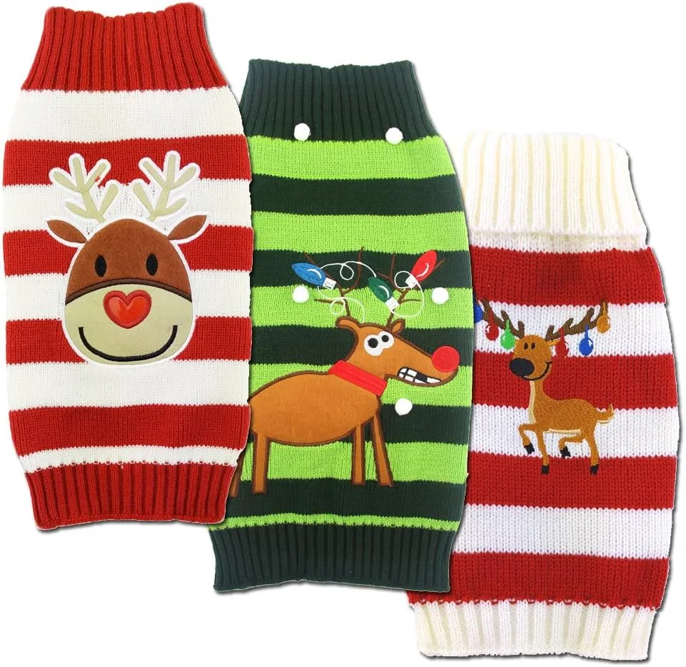 Mikayoo pet Sweater for Small Dog/cat,Ugly Sweater,Color Horizontal Stripes,Christmas Holiday Xmas, Elk Series, Reindeer Series,with Bells(Green,S)