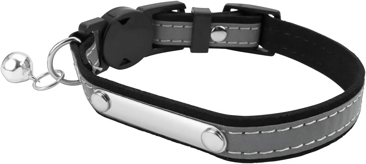 Mogoko Personalized Breakaway Cat Collar, Reflective Customized Kitten Pet Collar with Engraved ID Name Plate and Bell(Black) 7.8"-10.6" Neck