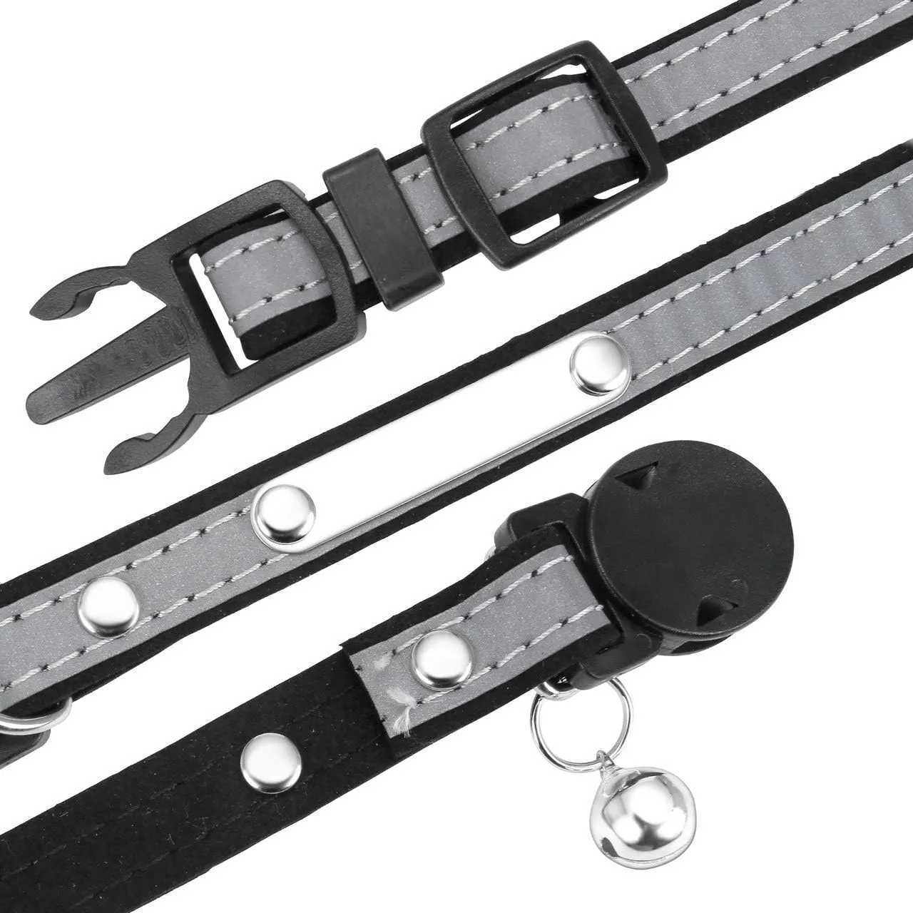 Mogoko Personalized Breakaway Cat Collar, Reflective Customized Kitten Pet Collar with Engraved ID Name Plate and Bell(Black) 7.8"-10.6" Neck
