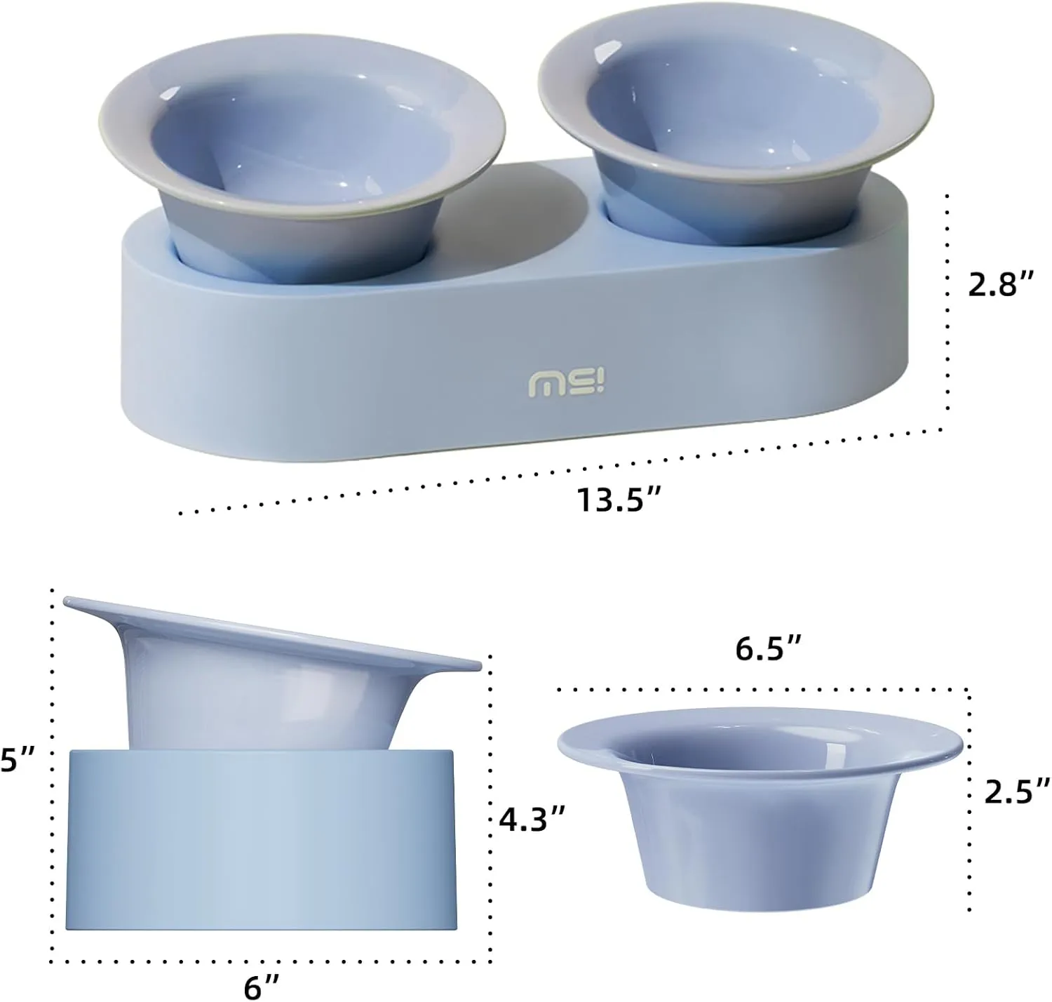 MS!MAKE SURE Cat Bowls, Elevated Ceramic Cat Food and Water Bowl Set, 15 Tilted Blows with Stand, Non-Slip & Whisker Friendly - Purple, Blue