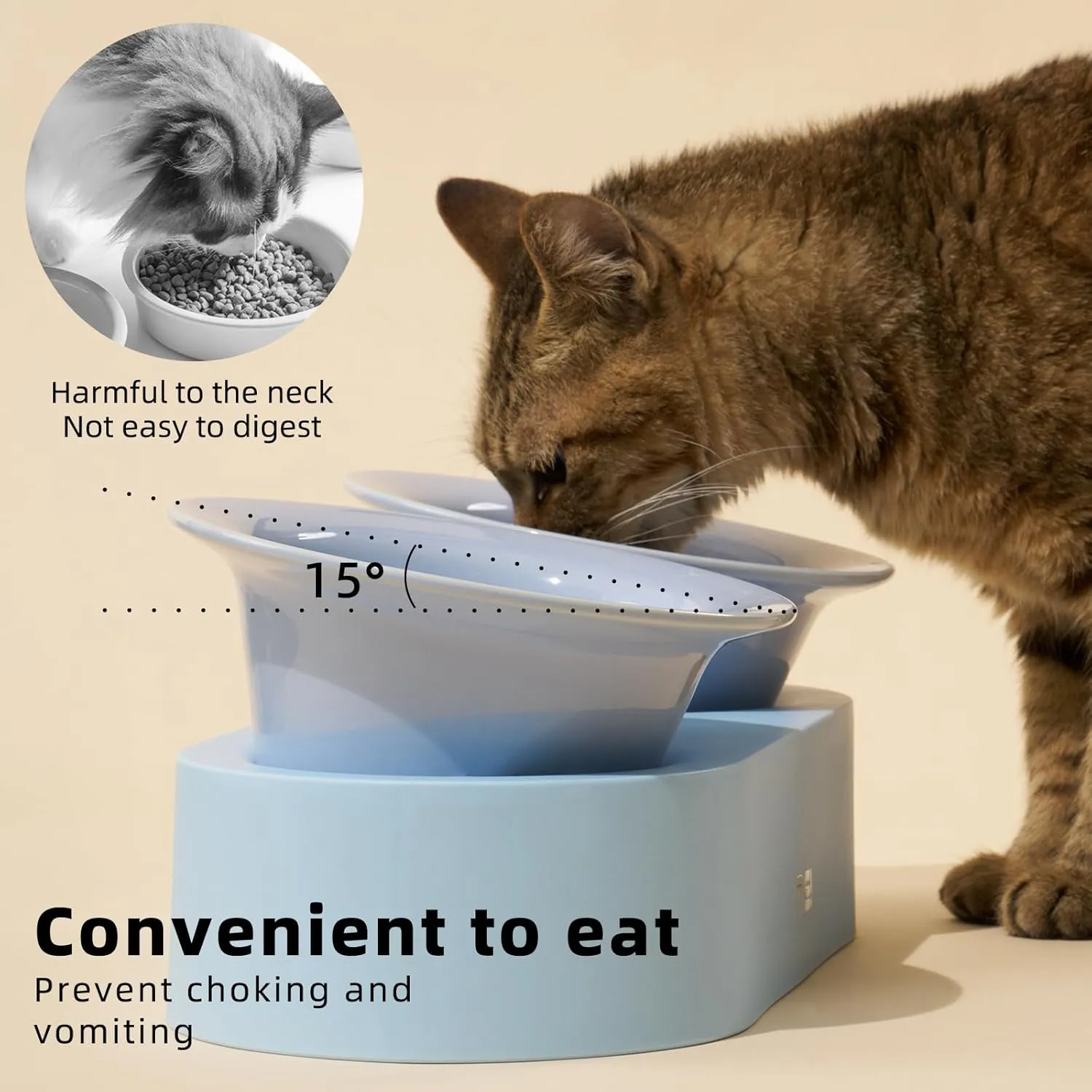 MS!MAKE SURE Cat Bowls, Elevated Ceramic Cat Food and Water Bowl Set, 15 Tilted Blows with Stand, Non-Slip & Whisker Friendly - Purple, Blue