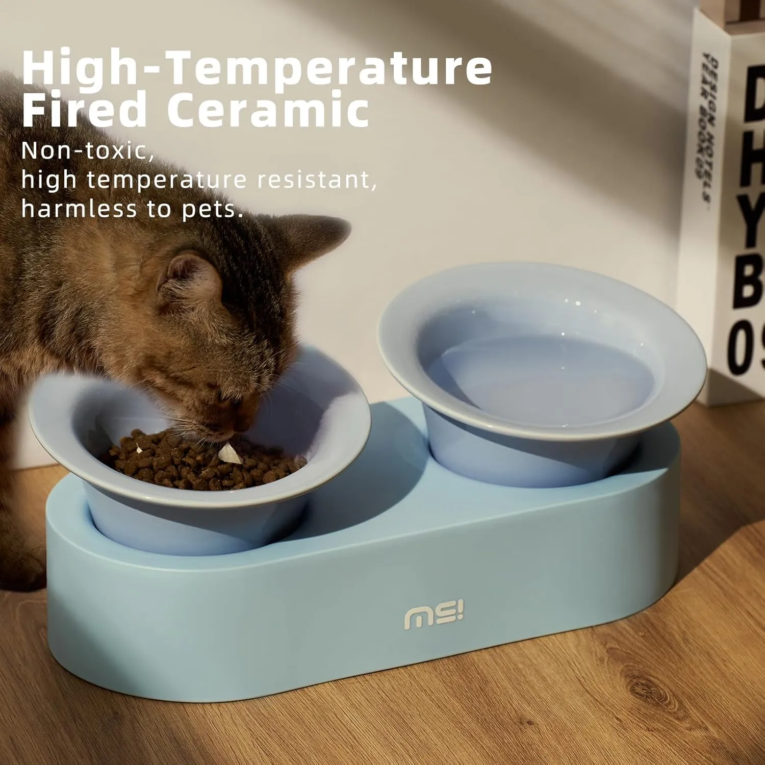 MS!MAKE SURE Cat Bowls, Elevated Ceramic Cat Food and Water Bowl Set, 15 Tilted Blows with Stand, Non-Slip & Whisker Friendly - Purple, Blue