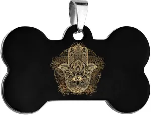 Ornate Amulet Hamsa Hand of Fatima Pet ID Tags Personalized Stainless Steel Dog and Cat Tags Cute Collar Tag Bone Shape
