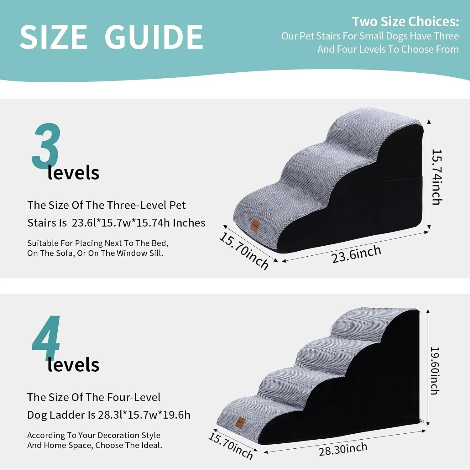OYX Puppy Stairs for Small Dogs, Dog Stairs Ramp for Beds, Couches Or Cars, Non-Slip Pet Stairs, Dog Stairs & Steps with Side Design Pockets, Back Design Handles, Grey 3-Tiers 23.6 * 15.7 * 15.74 in