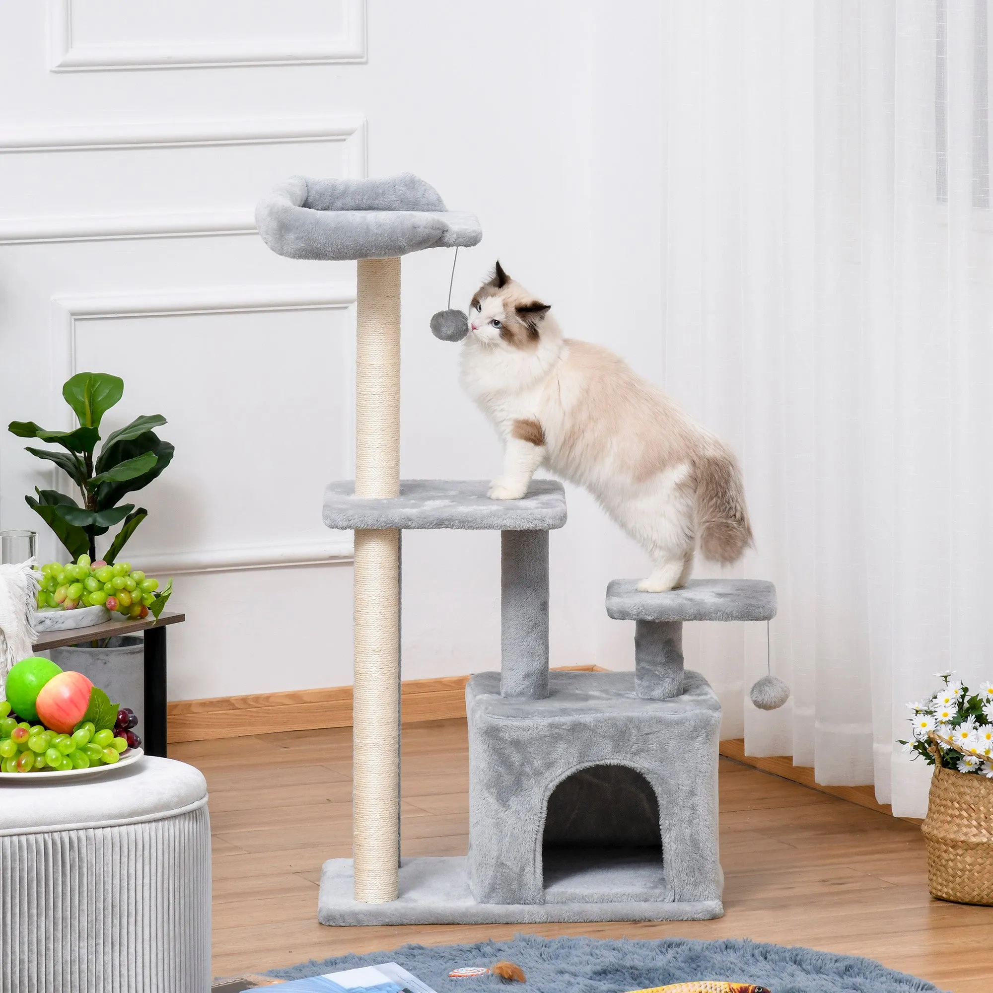 PawHut Cat Tree Tower for Indoor Cats 114cm Climbing Activity Centre Kitten with Sisal Scratching Post Perch Hanging Ball Condo Toy Light Grey