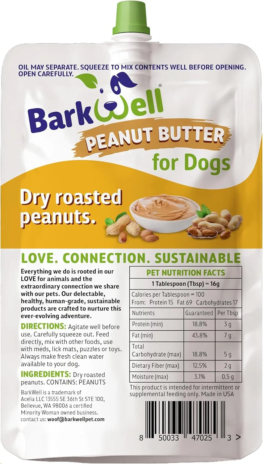 Peanut Butter Squeeze - All-Natural Dog Peanut Butter for Dogs Dog Treat Sourced and Made in The USA 3 Pack (24 oz) (Peanut Butter)