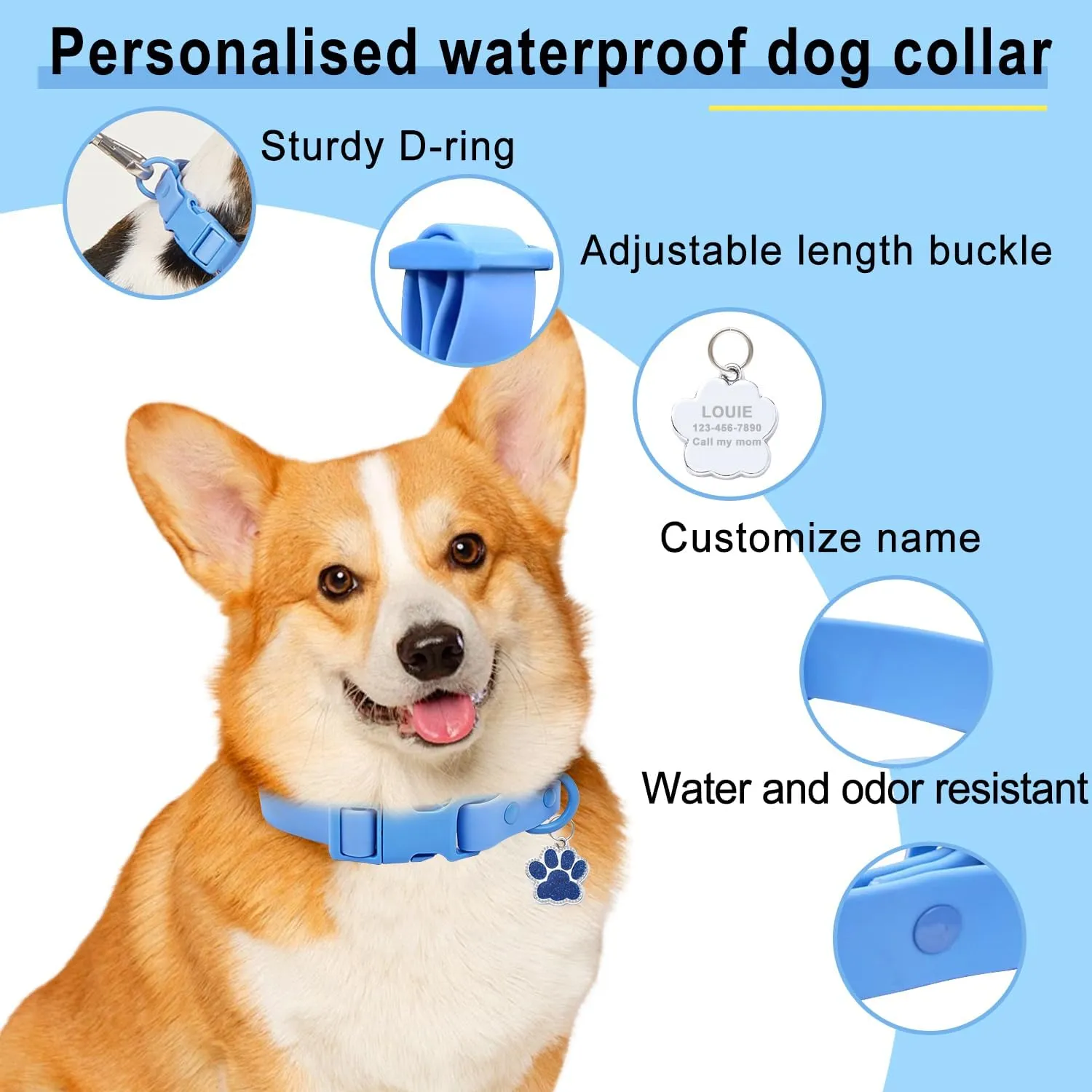 Personalized Waterproof Dog Collar, Adjustable Custom Dog Collar with Names and Phone Number, Silicone Rubber Dog Collars for Small Medium Large Dogs