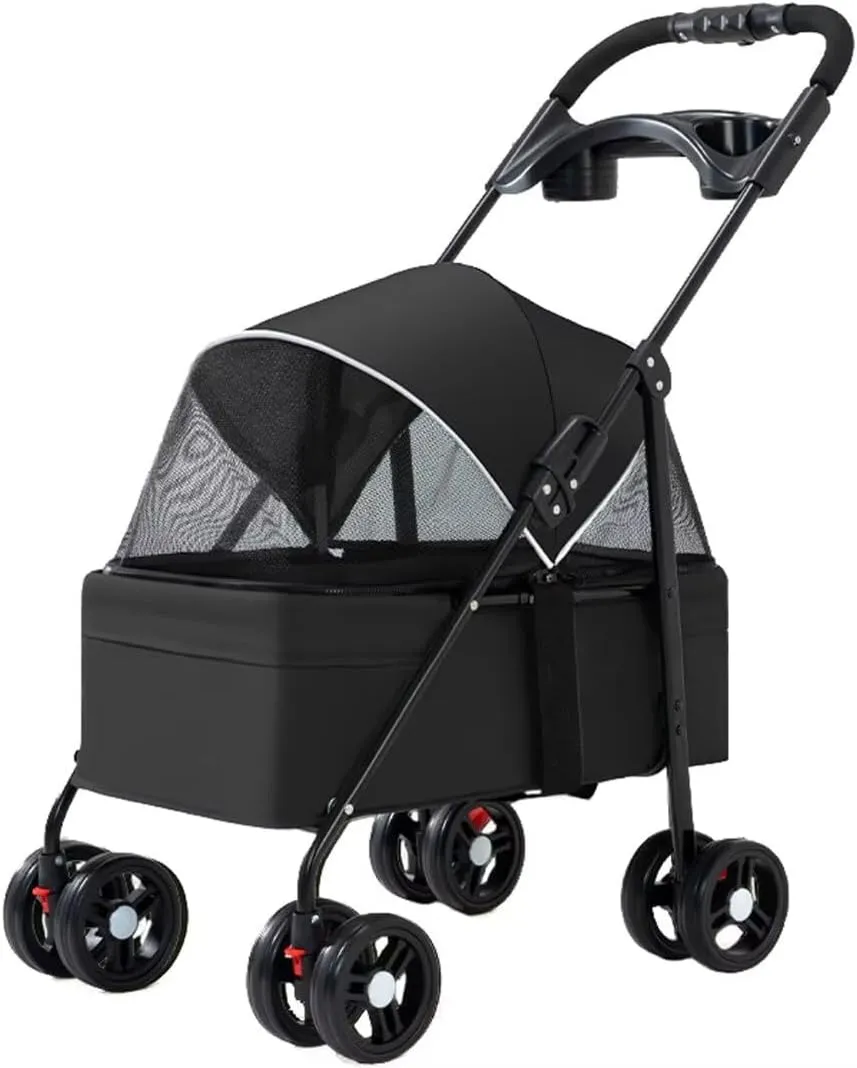Pet Stroller for Dogs and Cats go Out,Foldable pet Trolley,4 Wheels pet pram cart with Swivel Front Wheel,Rear Wheel with Foot Brakes,Front and Back openable Canopy with mesh Window