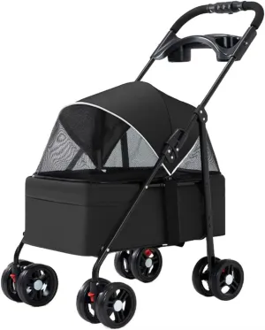 Pet Stroller for Dogs and Cats go Out,Foldable pet Trolley,4 Wheels pet pram cart with Swivel Front Wheel,Rear Wheel with Foot Brakes,Front and Back openable Canopy with mesh Window