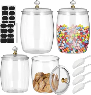 Plastic Storage Jars with Lids for Food, 2.2L x 2PCS, 3.8L x 2PCS, Multi-Functional Airtight Containers with Labels, Scoops, Stickers for Grains Nuts Snacks