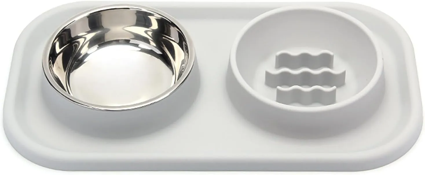 Slow Feeder Bowl Set for Cat and Dog/Non Slip Silicone Pet Bowls/Non Spill Food Mat with Stainless Steel Bowl