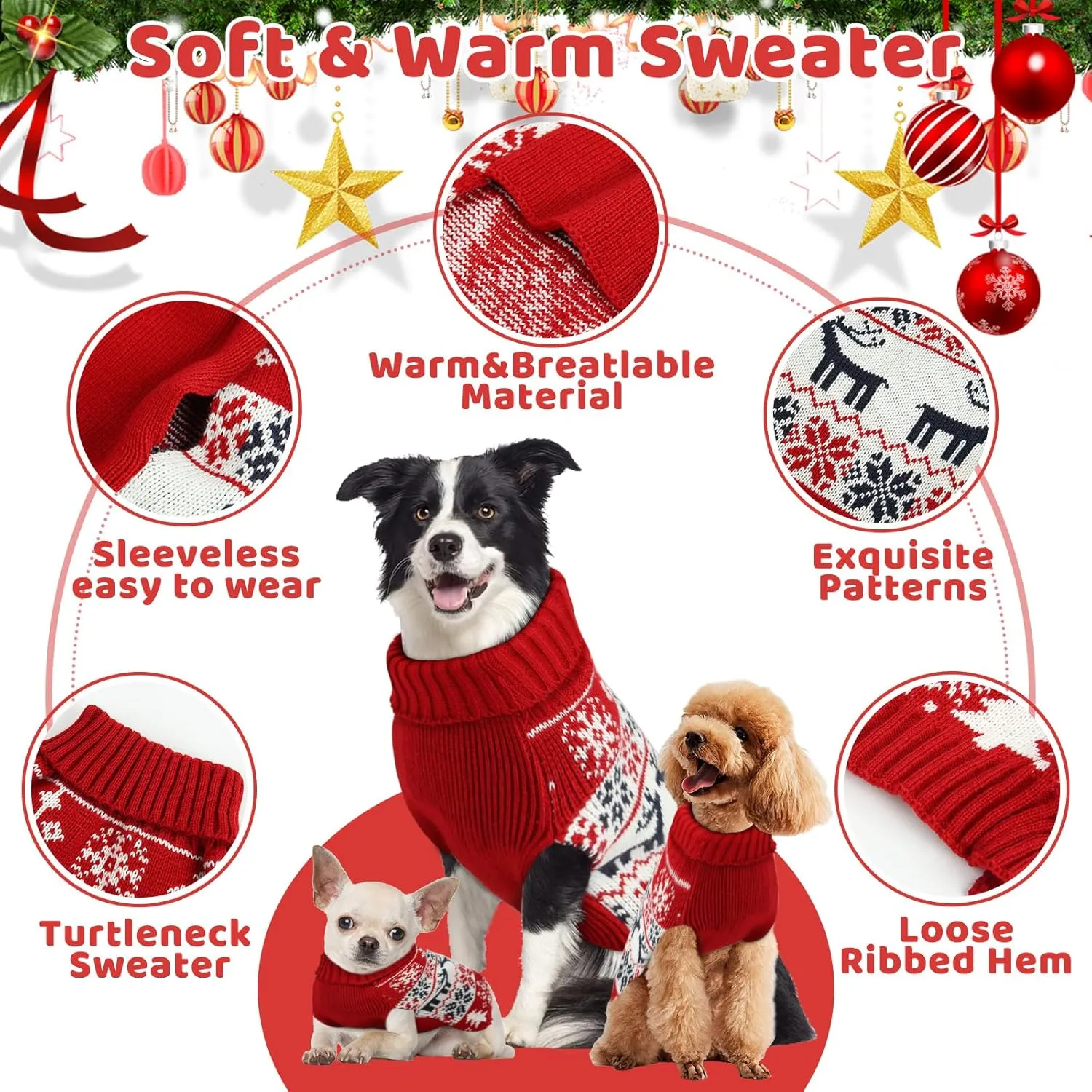 Soft Thickening Warm Dog Sweaters for Small to 2XL Dogs, Christmas Turtleneck, Double Knitting Collar for Outdoors Playing