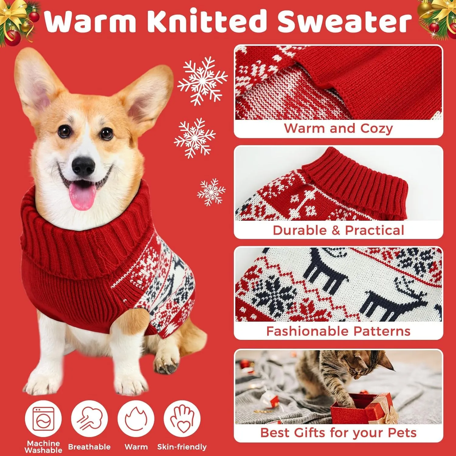 Soft Thickening Warm Dog Sweaters for Small to 2XL Dogs, Christmas Turtleneck, Double Knitting Collar for Outdoors Playing