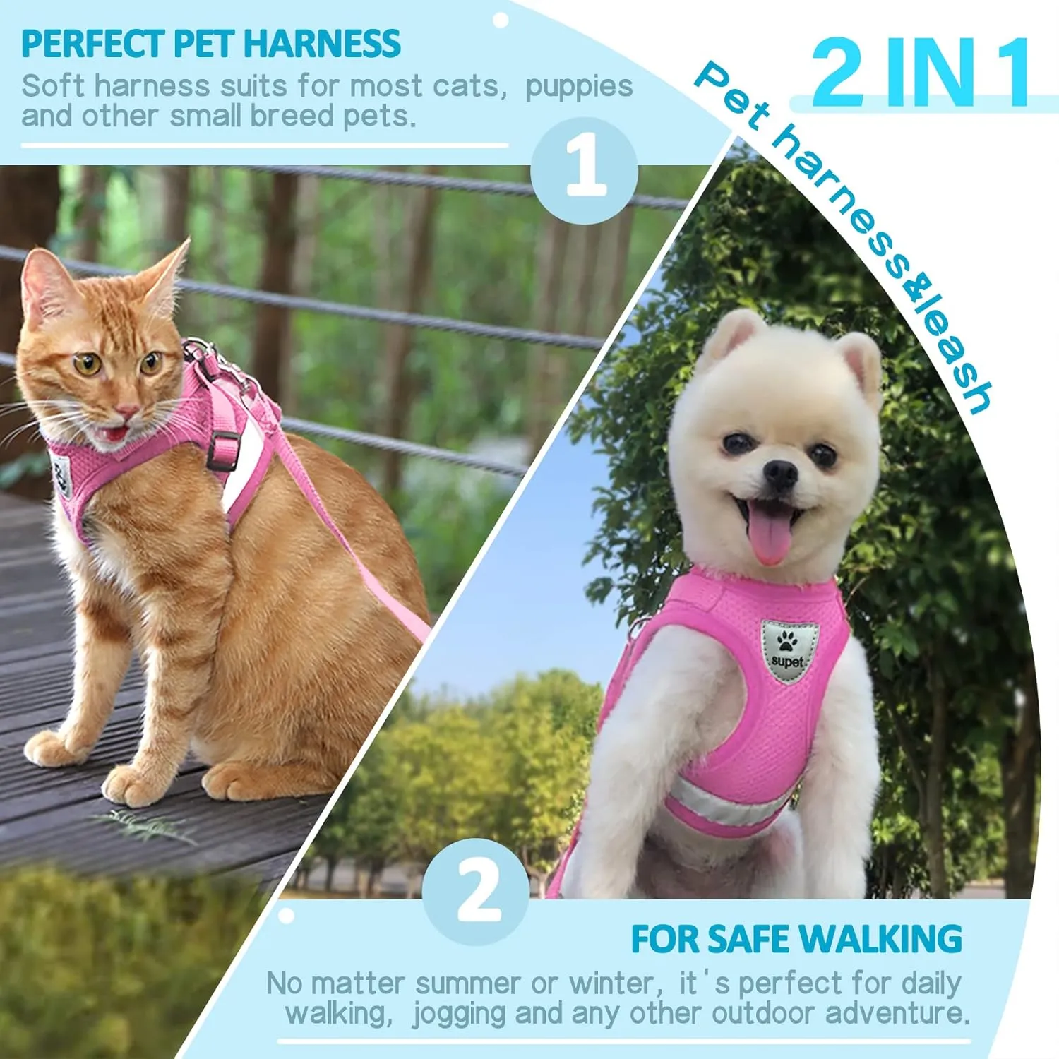 Supet Cat Harness and Leash Set - Soft Mesh Adjustable Cat Vest Harness with Reflective Strap for Walking Cat and Puppy Rabbit