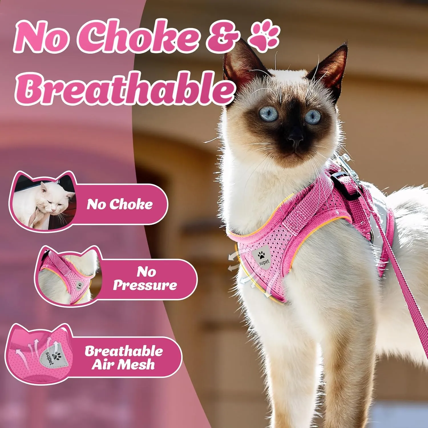 Supet Cat Harness and Leash Set - Soft Mesh Adjustable Cat Vest Harness with Reflective Strap for Walking Cat and Puppy Rabbit