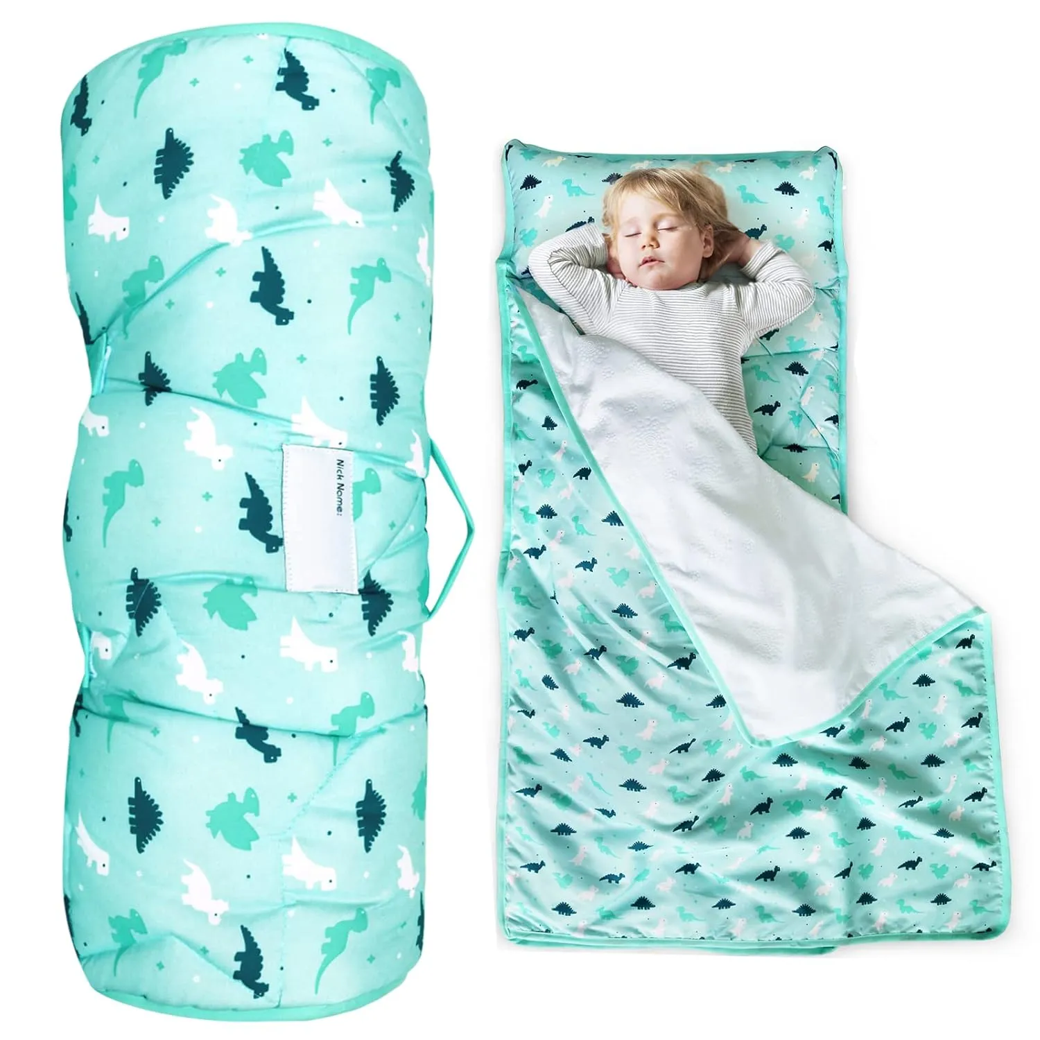 Toddler Nap Mat with Pillow and Blanket 50" x 21", Nap Mat for Boys Girls Super Soft and Cozy, Kids Sleeping Bag for Preschool, Daycare, Toddler Sleeping Bag, Blue Dinosaur