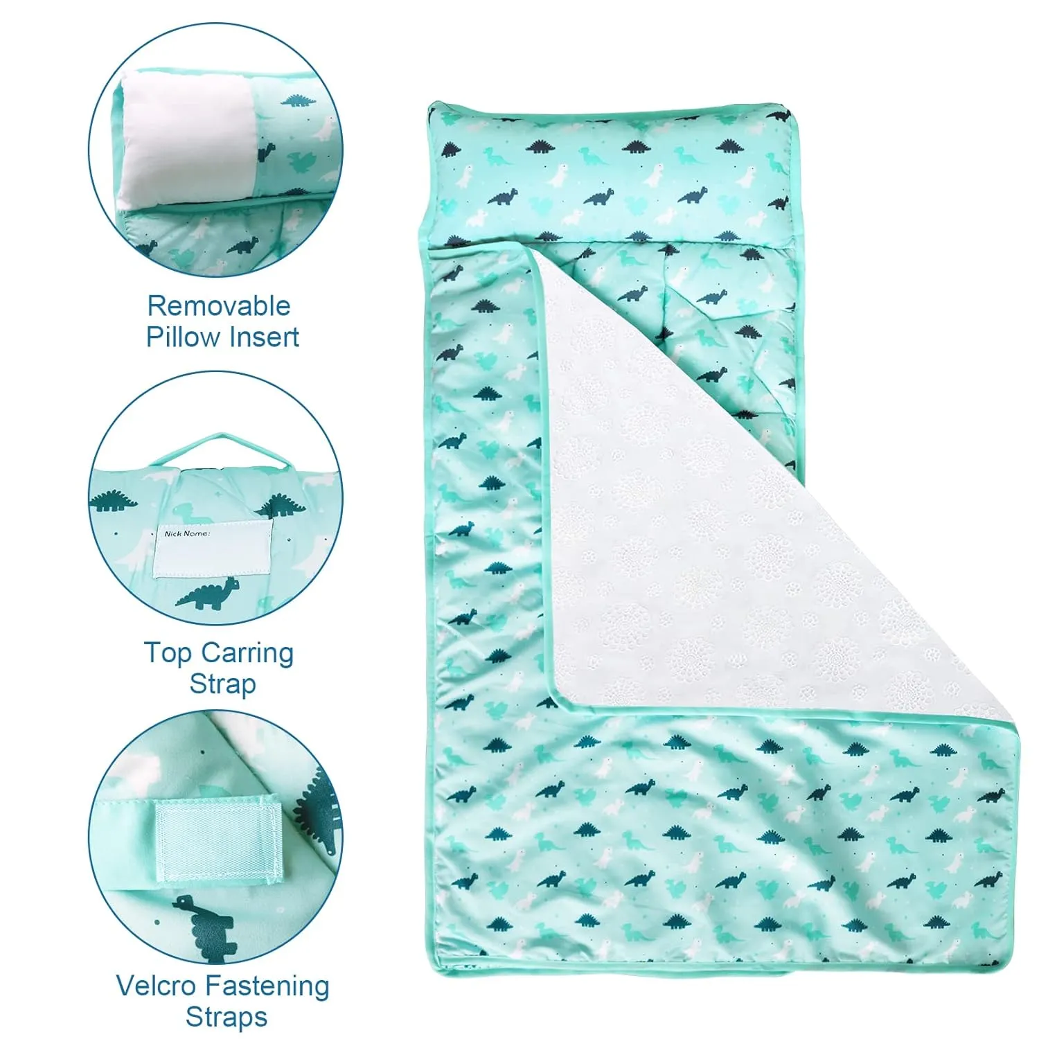 Toddler Nap Mat with Pillow and Blanket 50" x 21", Nap Mat for Boys Girls Super Soft and Cozy, Kids Sleeping Bag for Preschool, Daycare, Toddler Sleeping Bag, Blue Dinosaur