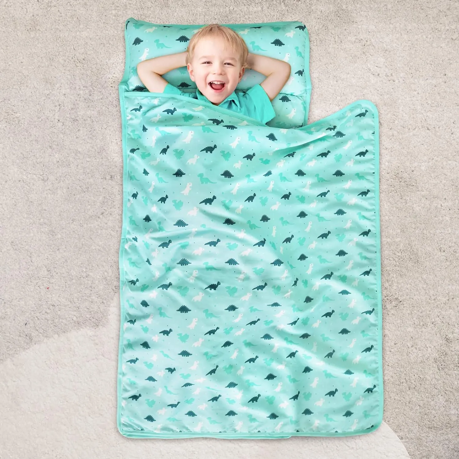 Toddler Nap Mat with Pillow and Blanket 50" x 21", Nap Mat for Boys Girls Super Soft and Cozy, Kids Sleeping Bag for Preschool, Daycare, Toddler Sleeping Bag, Blue Dinosaur