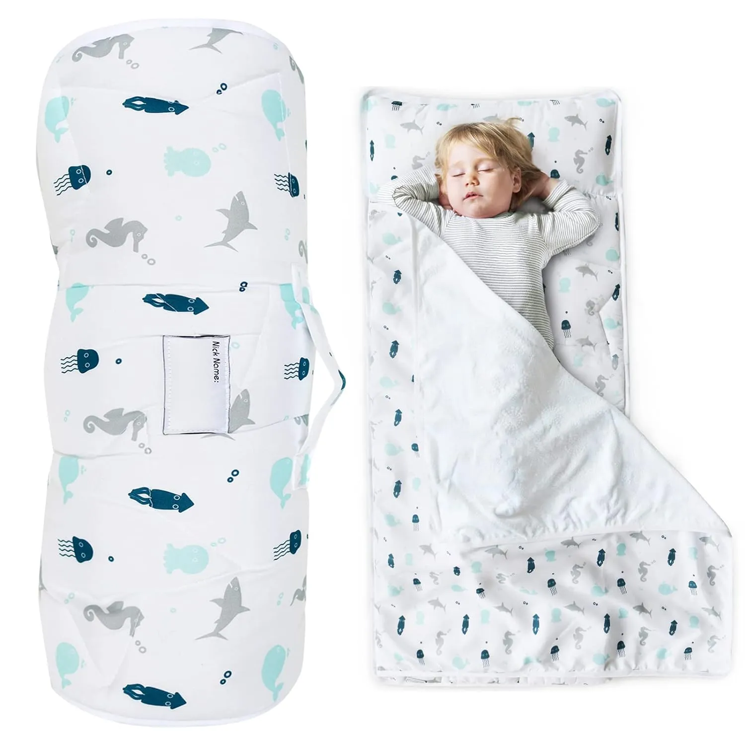 Toddler Nap Mat with Pillow and Blanket 50" x 21", Nap Mat for Boys Girls Super Soft and Cozy, Kids Sleeping Bag for Preschool, Daycare, Toddler Sleeping Bag, Blue Dinosaur