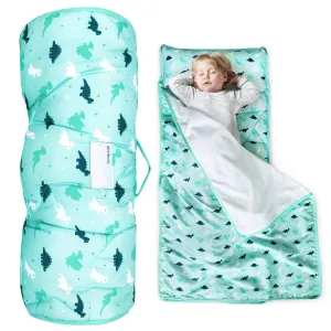 Toddler Nap Mat with Pillow and Blanket 50" x 21", Nap Mat for Boys Girls Super Soft and Cozy, Kids Sleeping Bag for Preschool, Daycare, Toddler Sleeping Bag, Blue Dinosaur