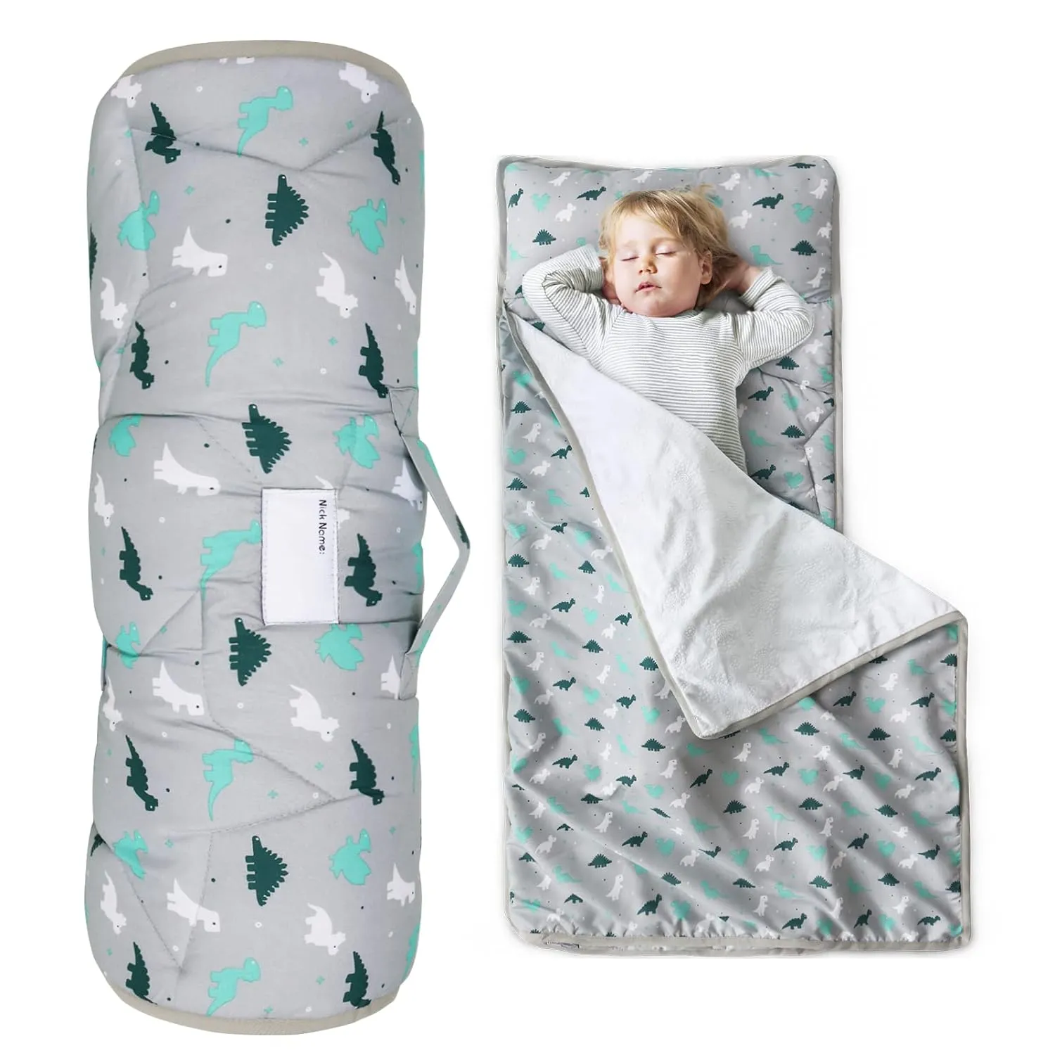 Toddler Nap Mat with Pillow and Blanket 50" x 21", Nap Mat for Boys Girls Super Soft and Cozy, Kids Sleeping Bag for Preschool, Daycare, Toddler Sleeping Bag, Blue Dinosaur