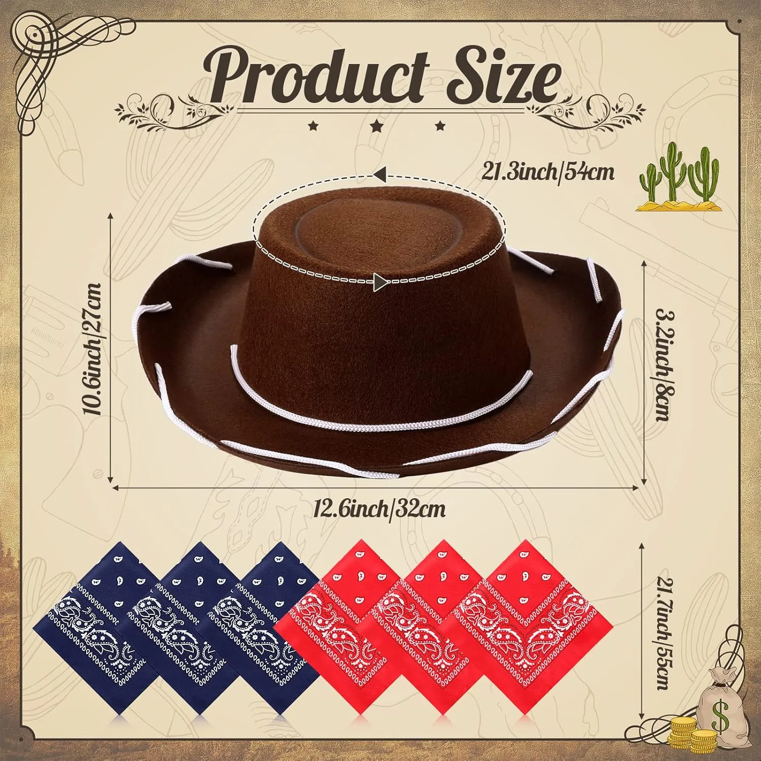 Unittype 18 Sets Cowboy Hats and Bandanas Bulk Kids Western Cowboy Costume Accessories Kids Party Supplies